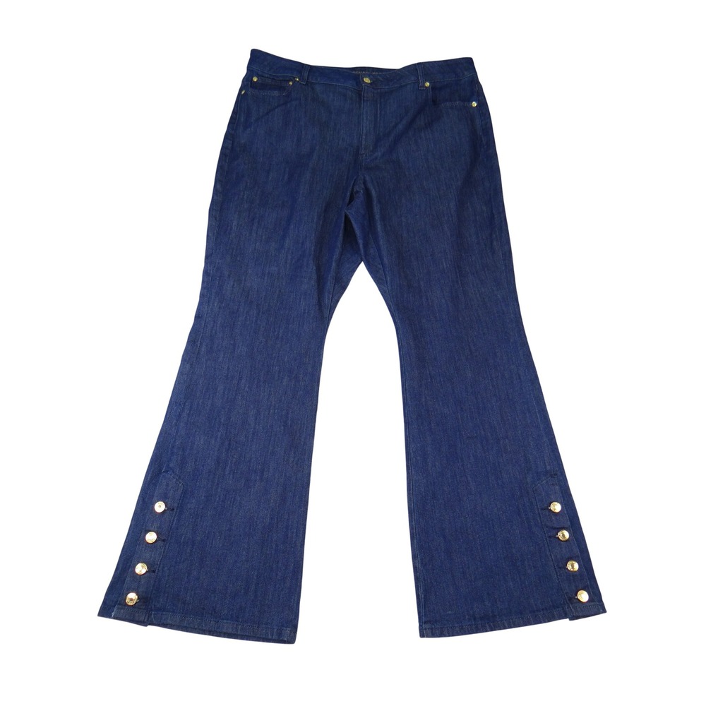 Michael Kors Womens 18W Dark Wash Flare Jeans Gold Button Hem Indigo Denim